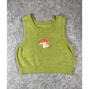 Green Knit Sweater Vest Womens XS Mushroom Embroidered Sleeveless Cottagecore